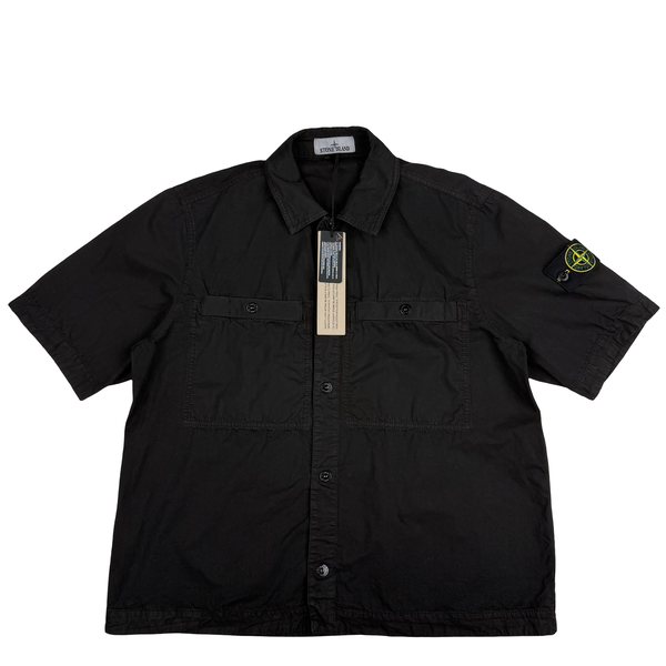 Stone Island 2025 Black Cotton Buttoned Short Sleeve Overshirt - Medium