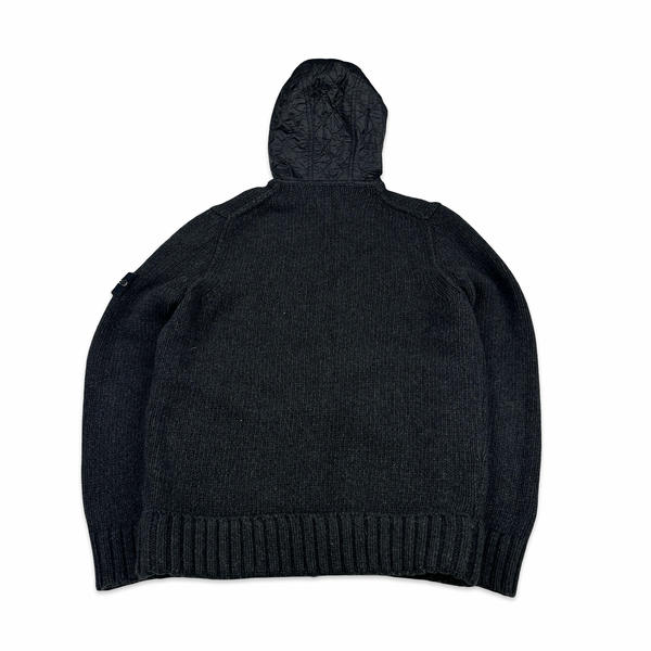 Stone Island 2013 Black Thick Knitted Wool Nylon Quilted Hood Jumper - XXL