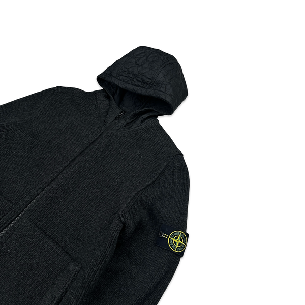 Stone Island 2013 Black Thick Knitted Wool Nylon Quilted Hood Jumper - XXL
