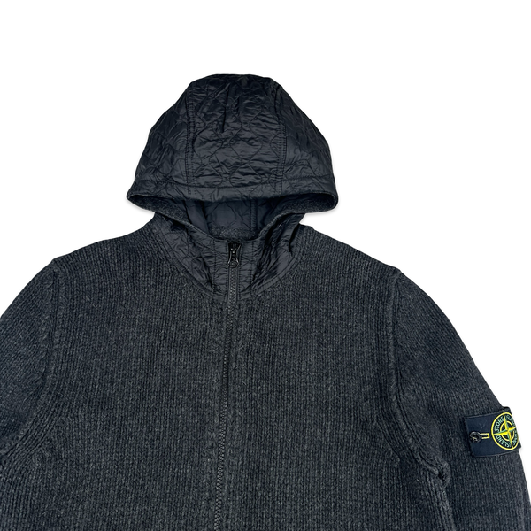 Stone Island 2013 Black Thick Knitted Wool Nylon Quilted Hood Jumper - XXL