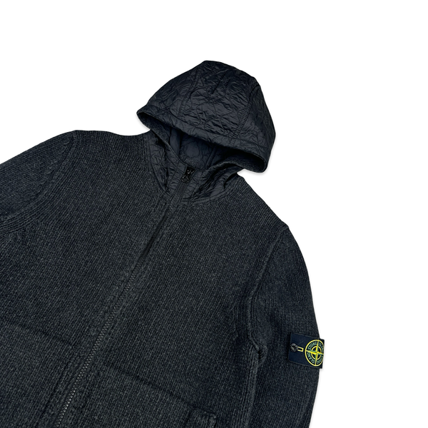 Stone Island 2013 Black Thick Knitted Wool Nylon Quilted Hood Jumper - XXL