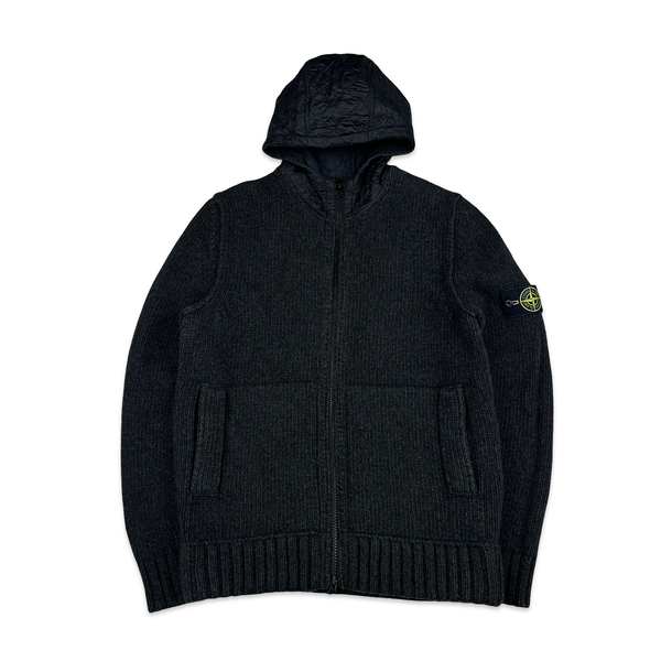Stone Island 2013 Black Thick Knitted Wool Nylon Quilted Hood Jumper - XXL