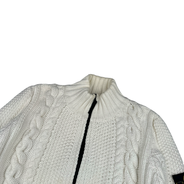 Stone Island 2011 White Cable President Thick Knit Zipped Jumper - XXL