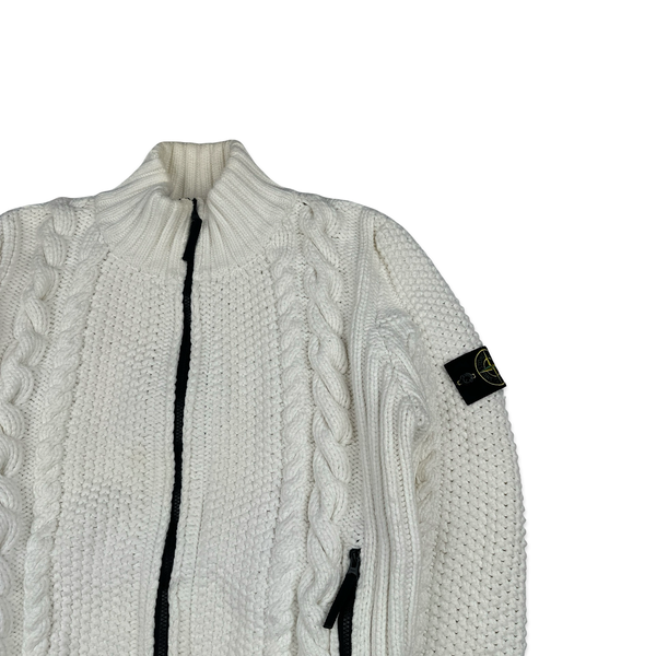 Stone Island 2011 White Cable President Thick Knit Zipped Jumper - XXL
