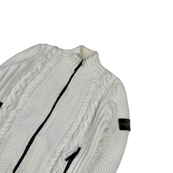Stone Island 2011 White Cable President Thick Knit Zipped Jumper - XXL