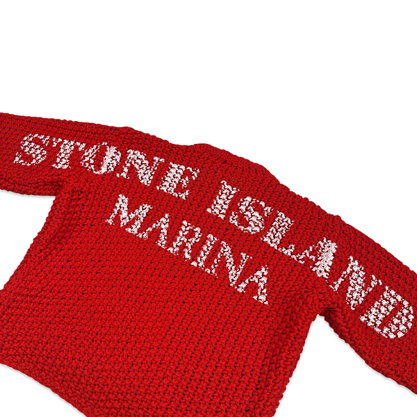 Stone Island 2023 Red Marina Thick Cable Knit Spellout Jumper - Large