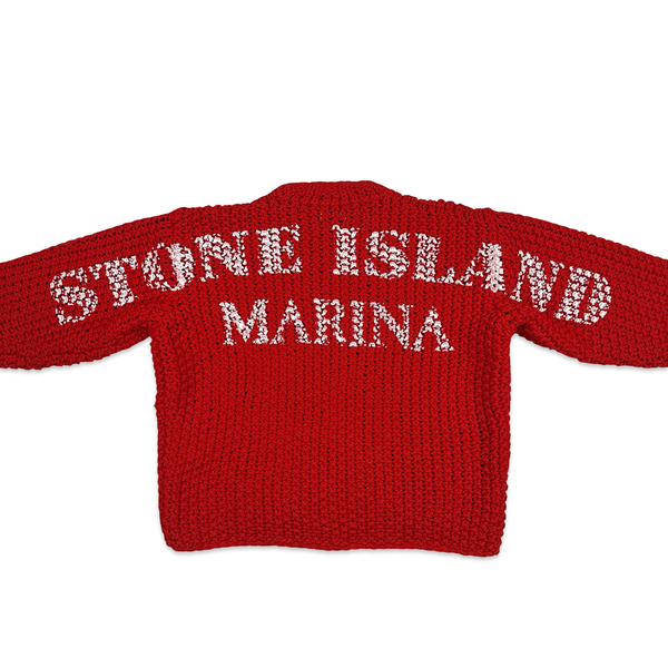 Stone Island 2023 Red Marina Thick Cable Knit Spellout Jumper - Large