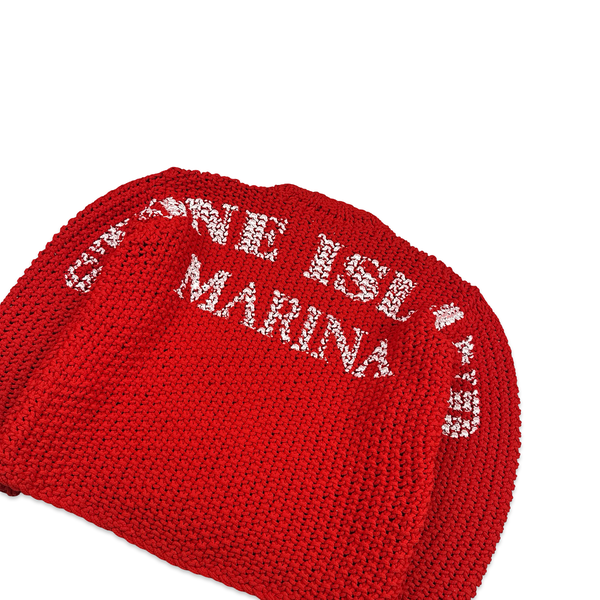 Stone Island 2023 Red Marina Thick Cable Knit Spellout Jumper - Large
