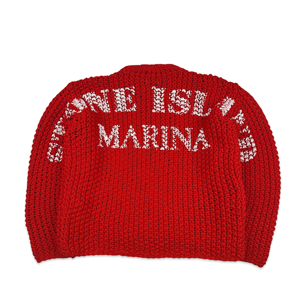 Stone Island 2023 Red Marina Thick Cable Knit Spellout Jumper - Large