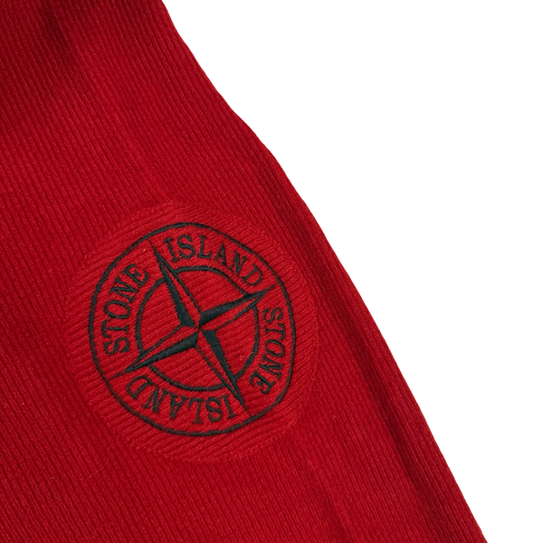 Stone Island 2003 Red Embroidered Compass Hooded Wool Blend Full Zip Ribbed Jumper - XL