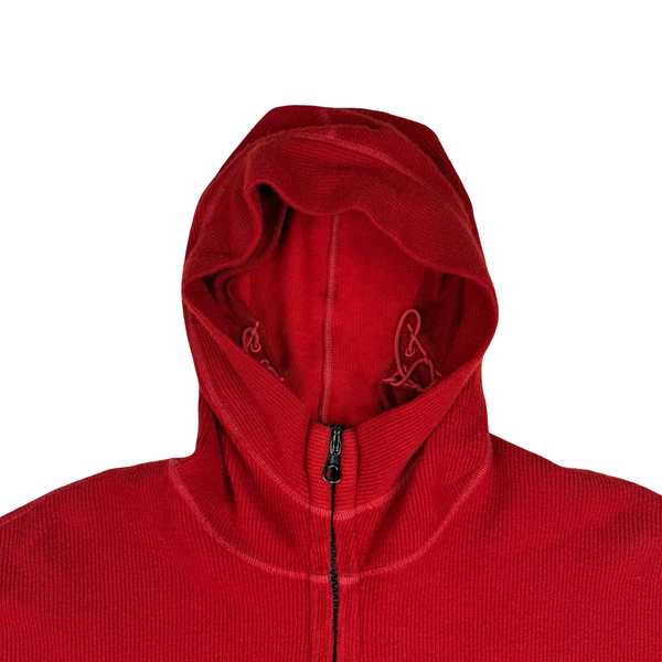 Stone Island 2003 Red Embroidered Compass Hooded Wool Blend Full Zip Ribbed Jumper - XL
