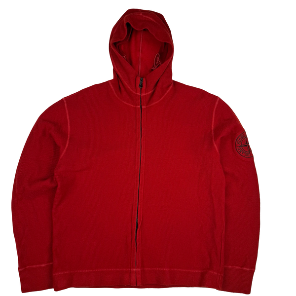 Stone Island 2003 Red Embroidered Compass Hooded Wool Blend Full Zip Ribbed Jumper - XL
