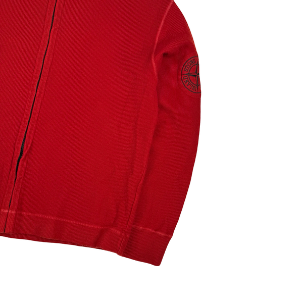 Stone Island 2003 Red Embroidered Compass Hooded Wool Blend Full Zip Ribbed Jumper - XL