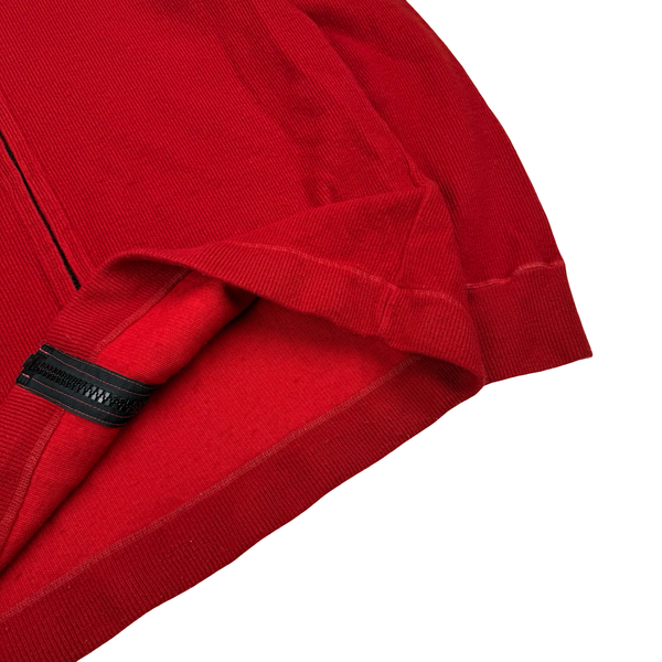 Stone Island 2003 Red Embroidered Compass Hooded Wool Blend Full Zip Ribbed Jumper - XL
