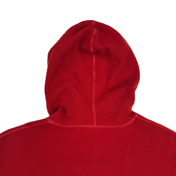 Stone Island 2003 Red Embroidered Compass Hooded Wool Blend Full Zip Ribbed Jumper - XL