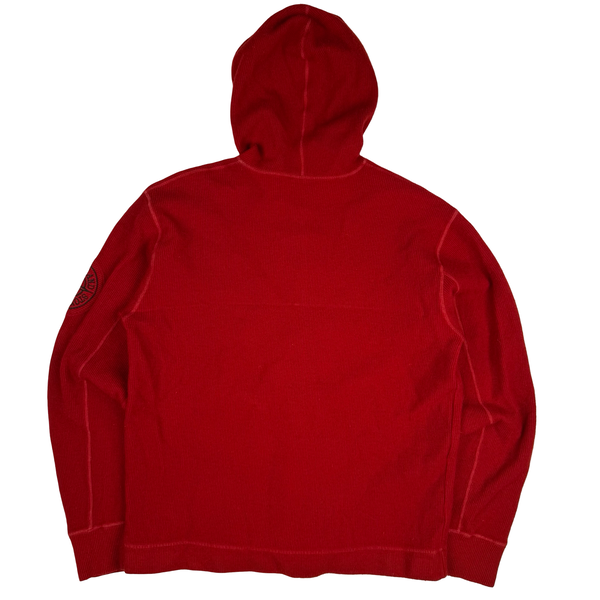 Stone Island 2003 Red Embroidered Compass Hooded Wool Blend Full Zip Ribbed Jumper - XL