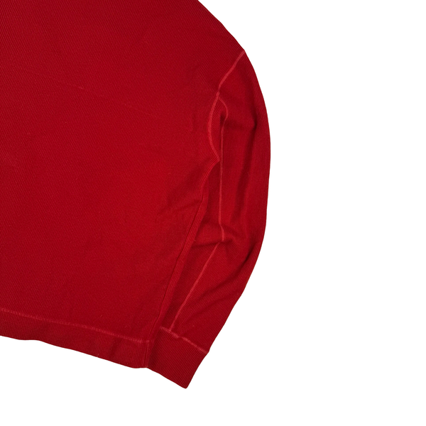 Stone Island 2003 Red Embroidered Compass Hooded Wool Blend Full Zip Ribbed Jumper - XL