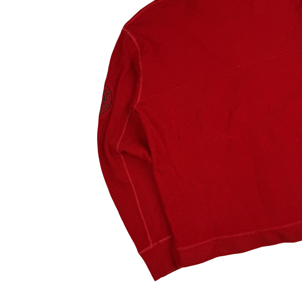 Stone Island 2003 Red Embroidered Compass Hooded Wool Blend Full Zip Ribbed Jumper - XL