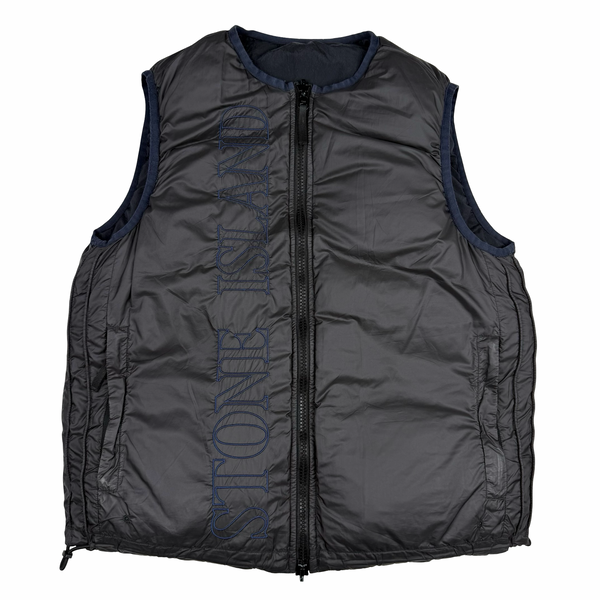 Stone Island 2024 Black Reversible Down Embroidered Spellout Gilet - Medium
