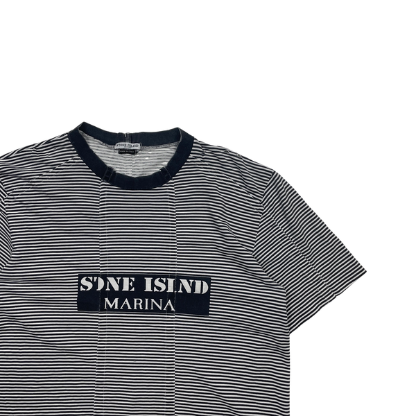 Stone Island Vintage Early 2000s White & Navy Striped T Shirt - Large