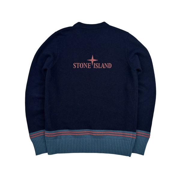 Stone Island 2021 Spellout Backprint Navy Wool Knit Crewneck - Medium