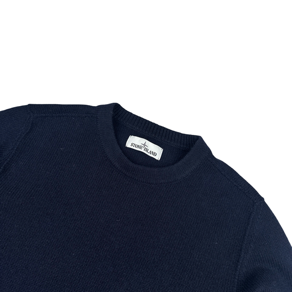 Stone Island 2021 Spellout Backprint Navy Wool Knit Crewneck - Medium