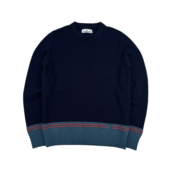 Stone Island 2021 Spellout Backprint Navy Wool Knit Crewneck - Medium