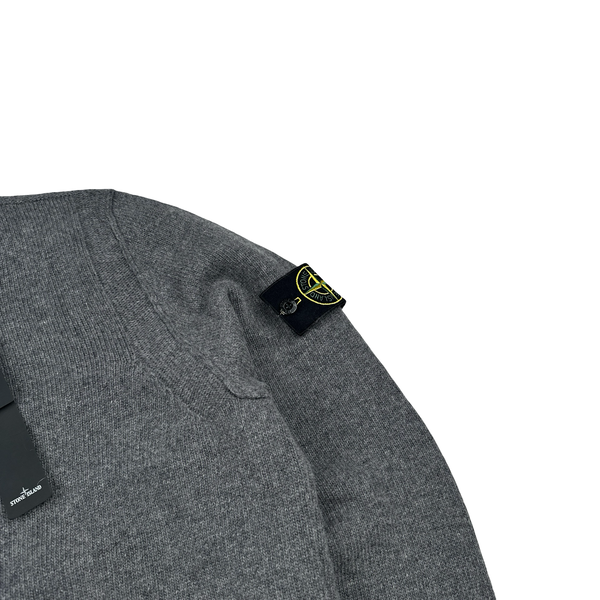 Stone Island 2025 Grey Quarter Buttoned Lambswool Organic Knit Jumper - Medium