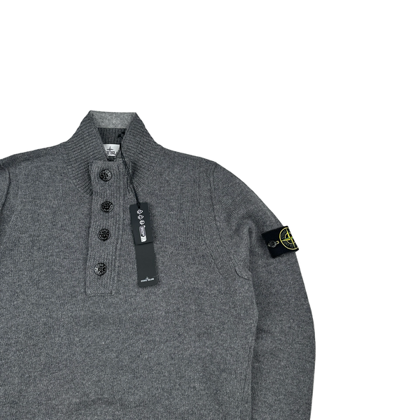 Stone Island 2025 Grey Quarter Buttoned Lambswool Organic Knit Jumper - Medium