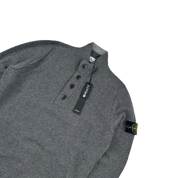 Stone Island 2025 Grey Quarter Buttoned Lambswool Organic Knit Jumper - Medium
