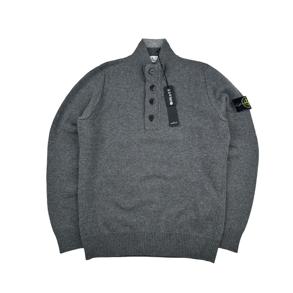 Stone Island 2025 Grey Quarter Buttoned Lambswool Organic Knit Jumper - Medium