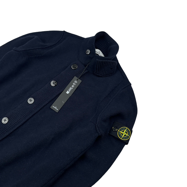 Stone Island 2024 Navy Wool Knit Buttoned Jumper - Medium