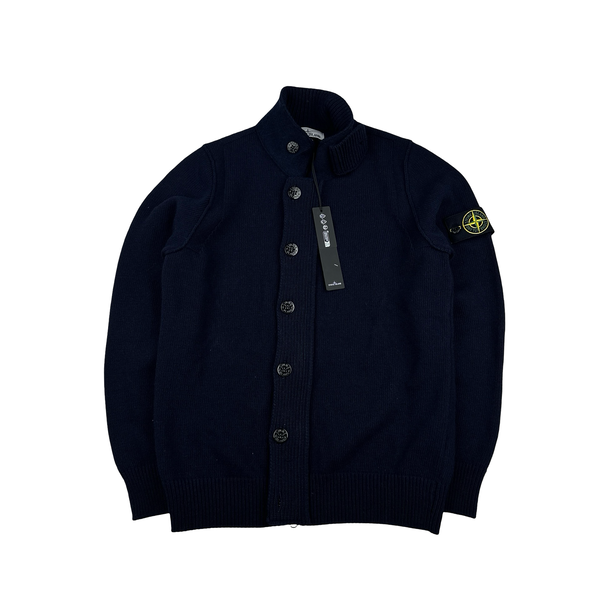 Stone Island 2024 Navy Wool Knit Buttoned Jumper - Medium
