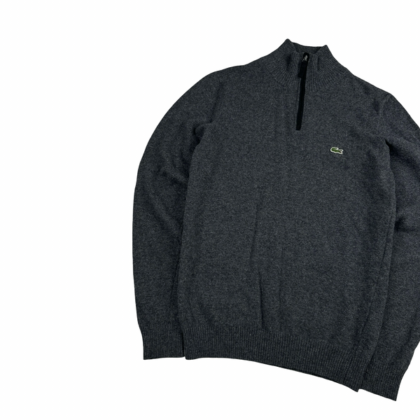 Lacoste Grey Pure Wool Quarter Zip Pullover Jumper - Small