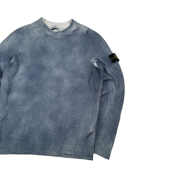 Stone Island 2020 Blue Hand Sprayed Cotton Blend Knit Crewneck Jumper - Large