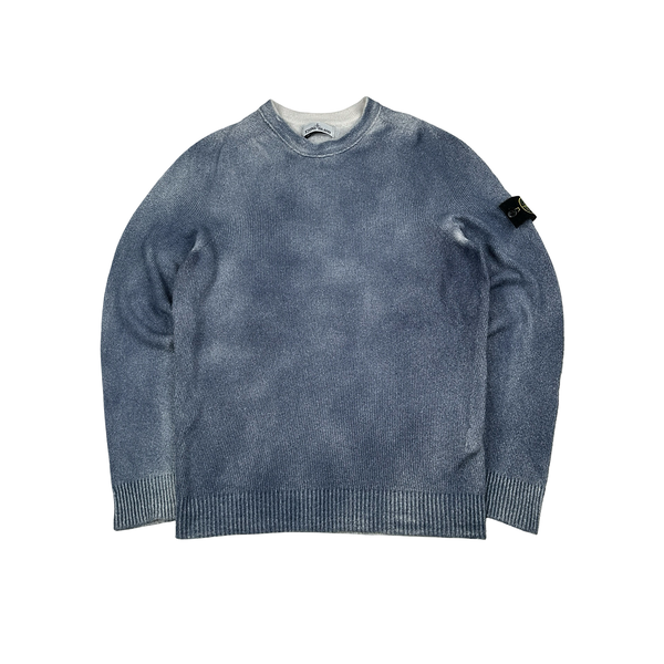 Stone Island 2020 Blue Hand Sprayed Cotton Blend Knit Crewneck Jumper - Large