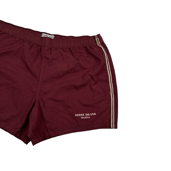 Stone Island Marina 1993 Burgundy Spellout Vintage Swim Shorts - Large