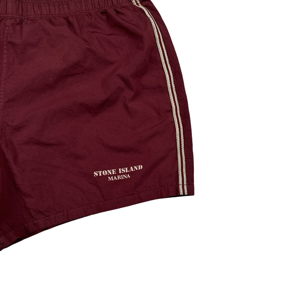 Stone Island Marina 1993 Burgundy Spellout Vintage Swim Shorts - Large