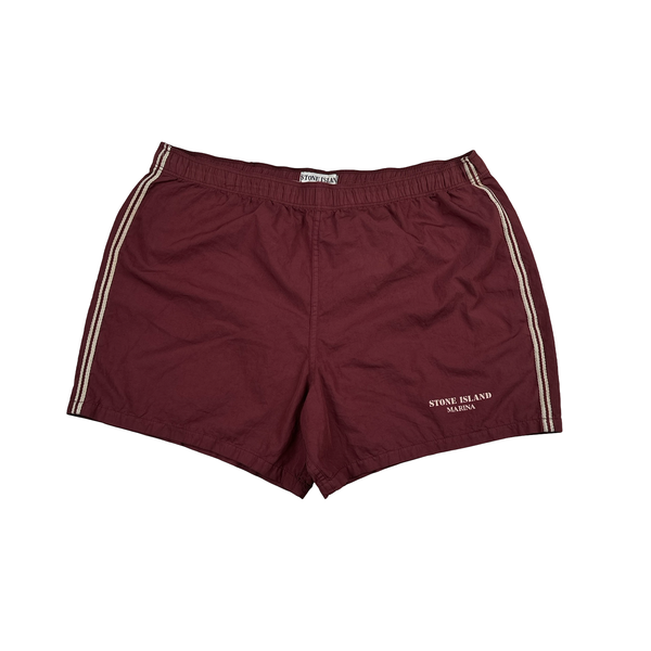 Stone Island Marina 1993 Burgundy Spellout Vintage Swim Shorts - Large