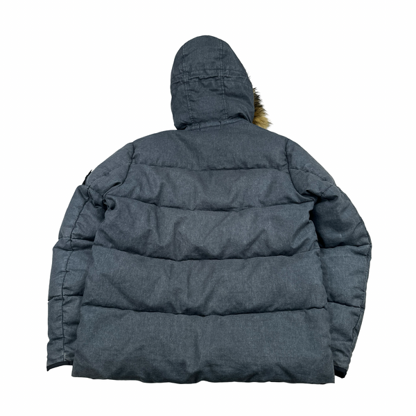 Stone Island 2018 Grey Lino Resinato Down-TC Fur Hood Puffer Jacket - Small