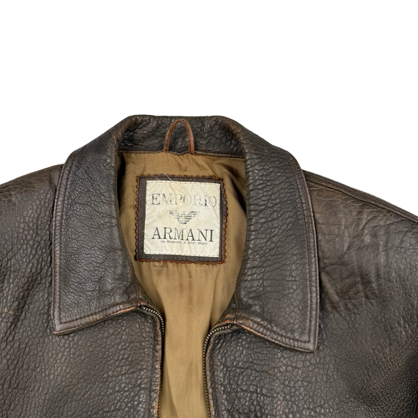 Armani Vintage 80's Spellout PU Leather Lined Bomber Jacket - Medium to Large