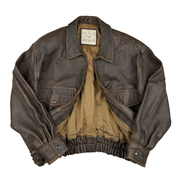 Armani Vintage 80's Spellout PU Leather Lined Bomber Jacket - Medium to Large
