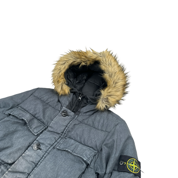 Stone Island 2018 Grey Lino Resinato Down-TC Fur Hood Puffer Jacket - Small