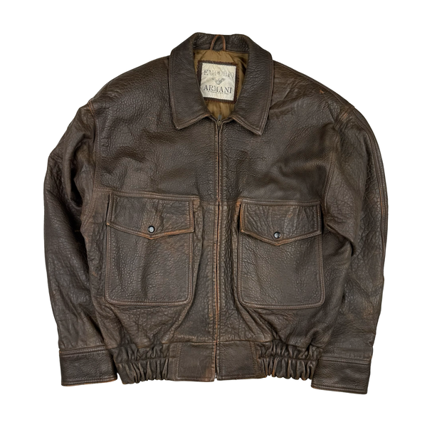 Armani Vintage 80's Spellout PU Leather Lined Bomber Jacket - Medium to Large
