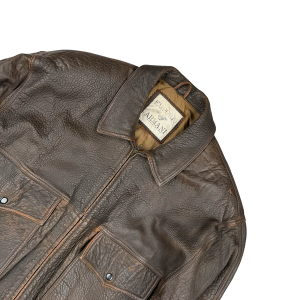 Armani Vintage 80's Spellout PU Leather Lined Bomber Jacket - Medium to Large