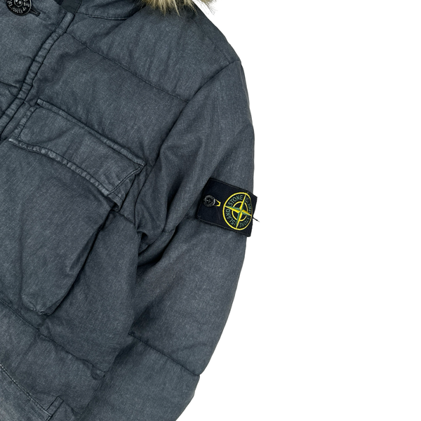 Stone Island 2018 Grey Lino Resinato Down-TC Fur Hood Puffer Jacket - Small