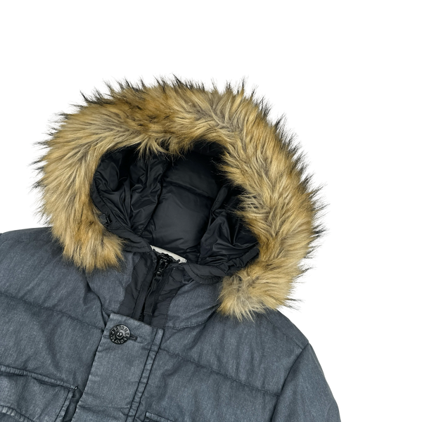 Stone Island 2018 Grey Lino Resinato Down-TC Fur Hood Puffer Jacket - Small