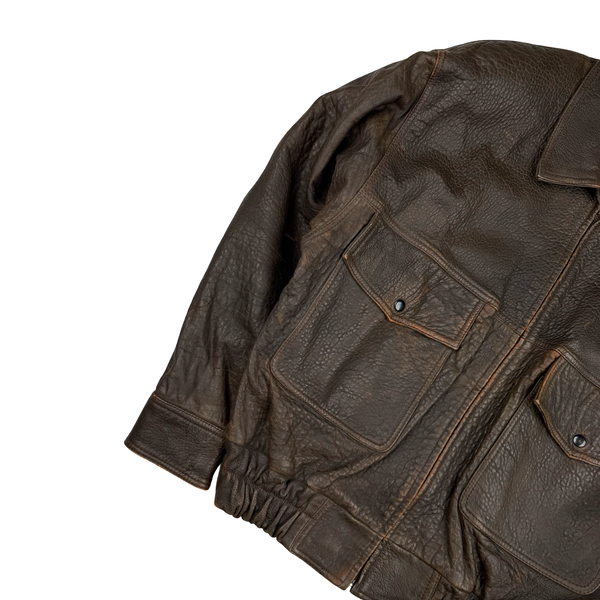 Armani Vintage 80's Spellout PU Leather Lined Bomber Jacket - Medium to Large