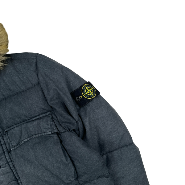 Stone Island 2018 Grey Lino Resinato Down-TC Fur Hood Puffer Jacket - Small