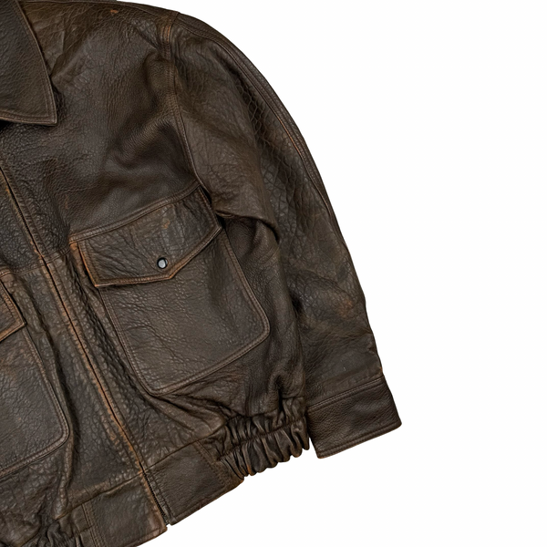 Armani Vintage 80's Spellout PU Leather Lined Bomber Jacket - Medium to Large